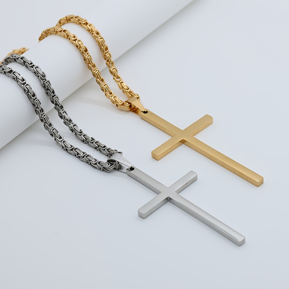Men's Large Stainless Steel Cross Pendant Necklace, 2pcs Set